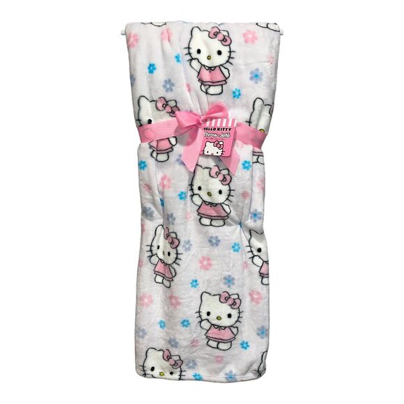 Hello Kitty Sanrio White Pink Blue Spring Flowers Throw Blanket 60x70 NWT - Picture 1 of 6